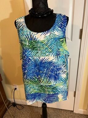 Chaus Blue Green Palm Print Sleeveless Tunic